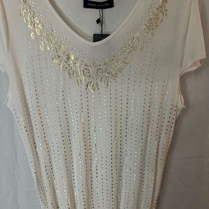 ONARA ON JEANS Blouse Elastic Sinched Gold Embellished Short Sleeve Casual 003